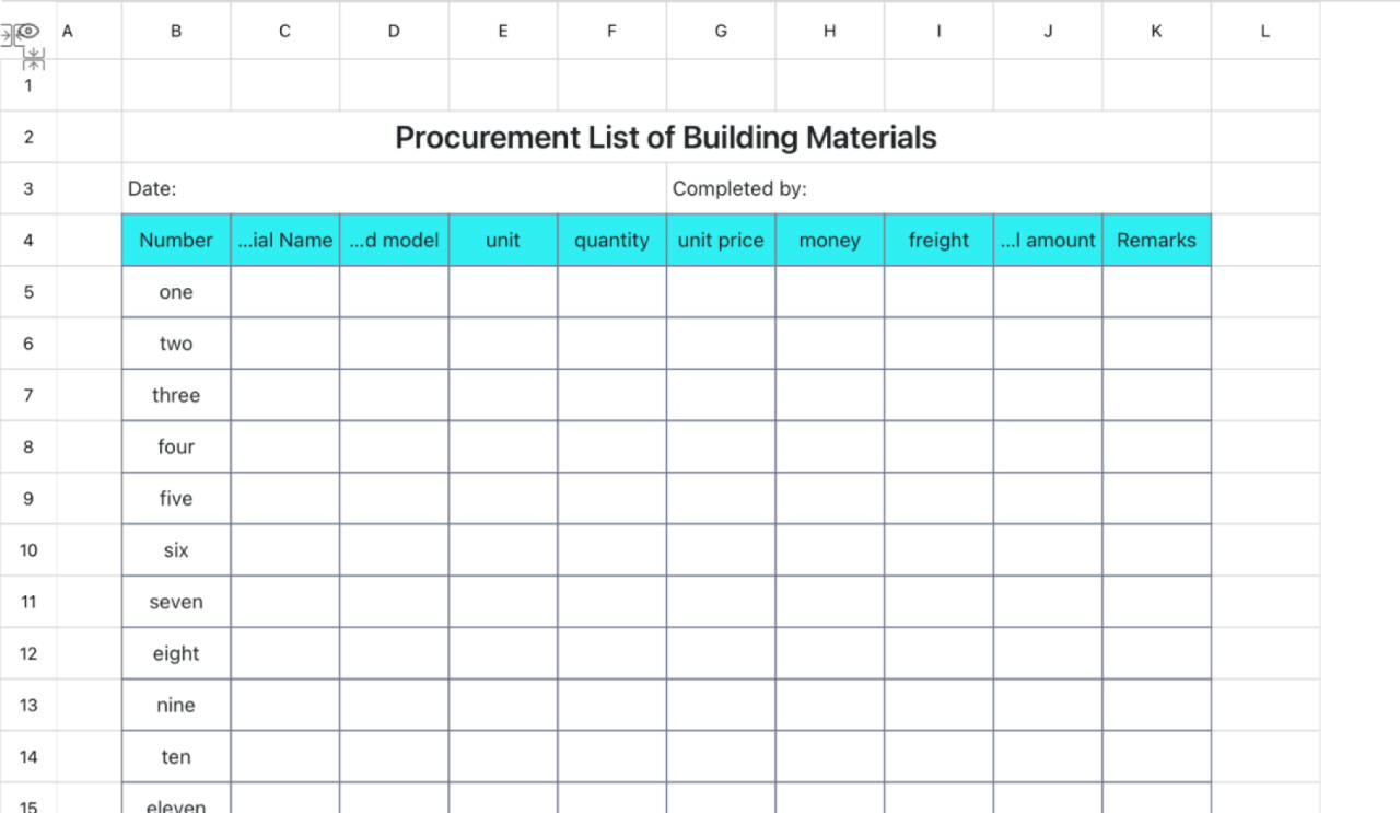 Building materials purchase list 1